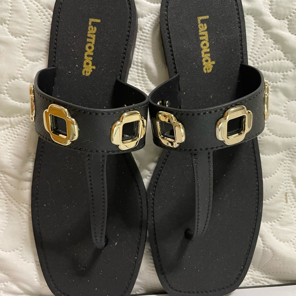 Larroude Black and Gold Sandals with Metallic Accents